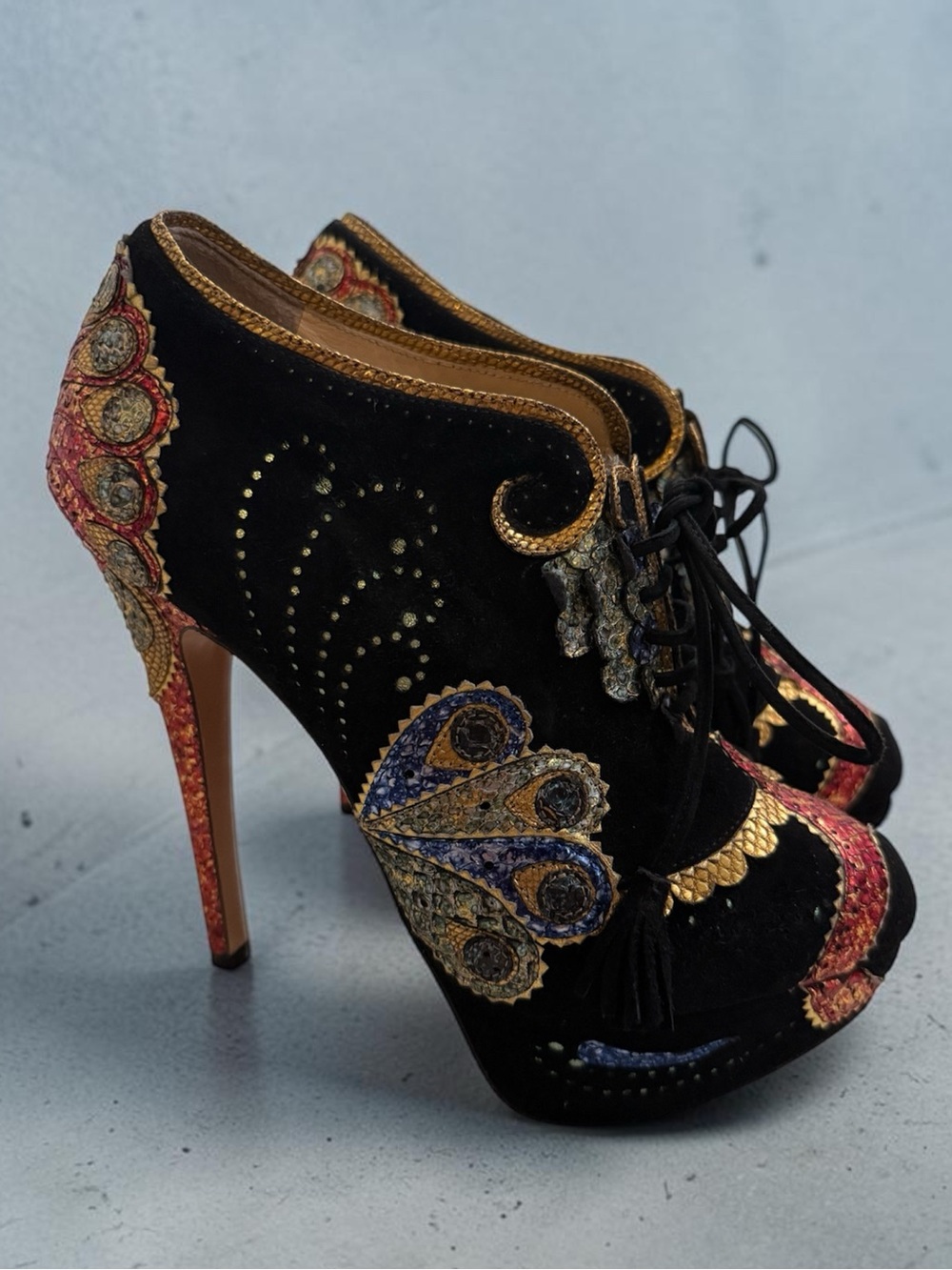 Charlotte Olympia “Orient Express” Suede & Leather Platform Booties | 37.5